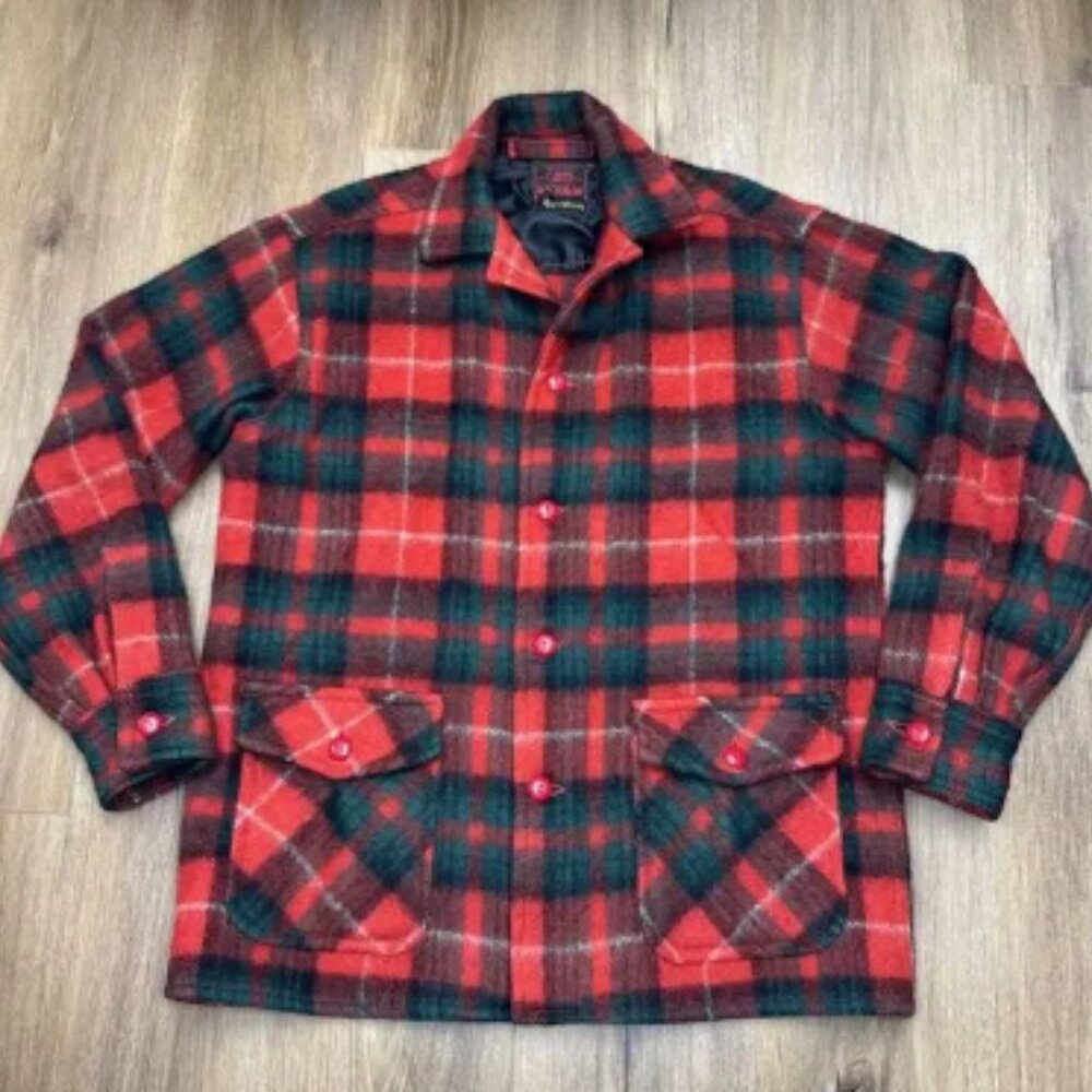 Vintage 50s Carss Mackinaw MEN SIZE LARGE 100% Wool Red Black Green Plaid Jacket